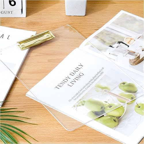 Miniatura 8 de Moocci Portapapeles transparentes de acrílico grueso, bonito portapapeles transparente con clip dorado fuerte agujero oculto para colgar papel A4,