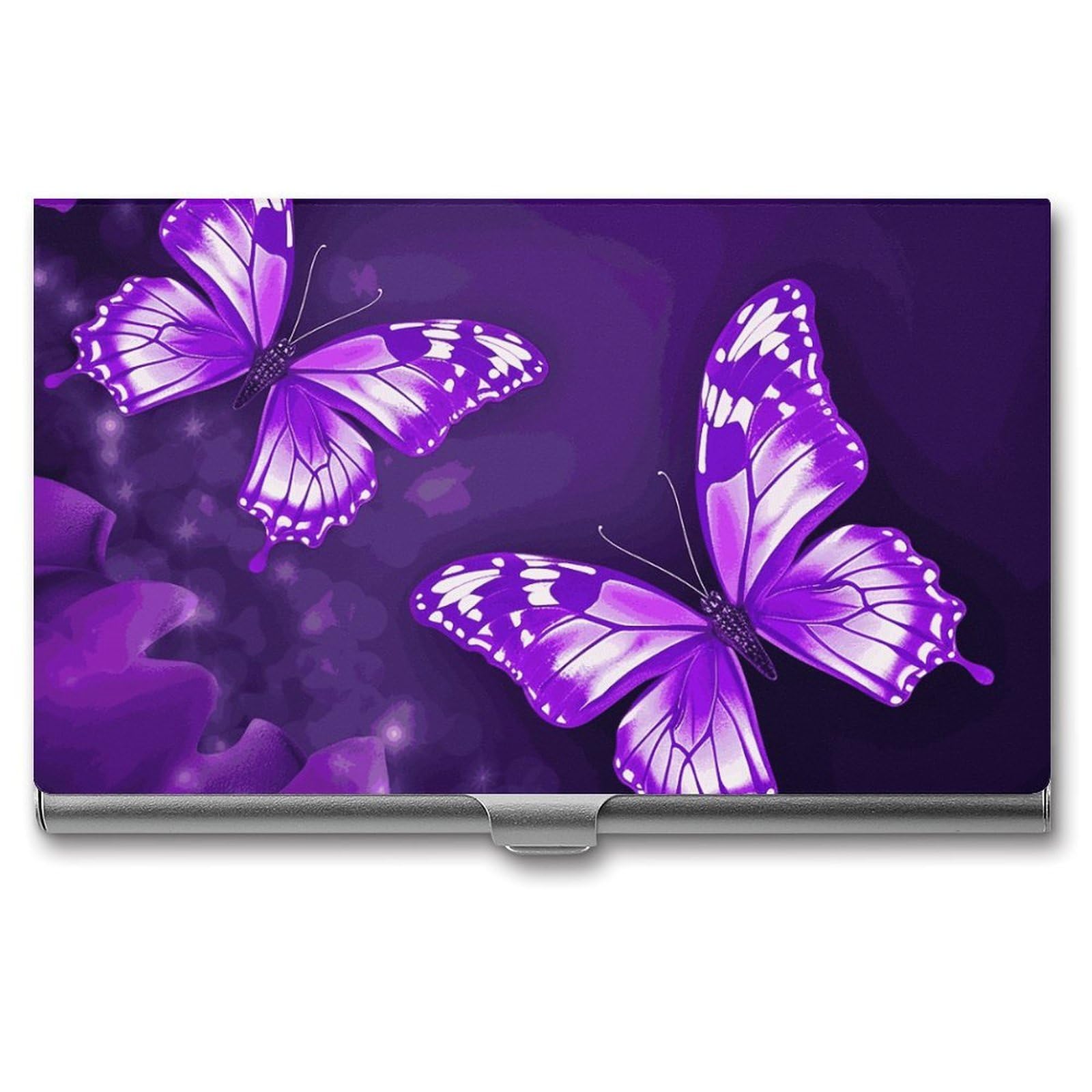 BTCOWZRV Purple Butterflies Business Card Holder Metal Slim Business Card Case, Pocket Card Holder for Men Women Purse Name Card Holder Stainless Steel Wallet Credit ID Case for Office