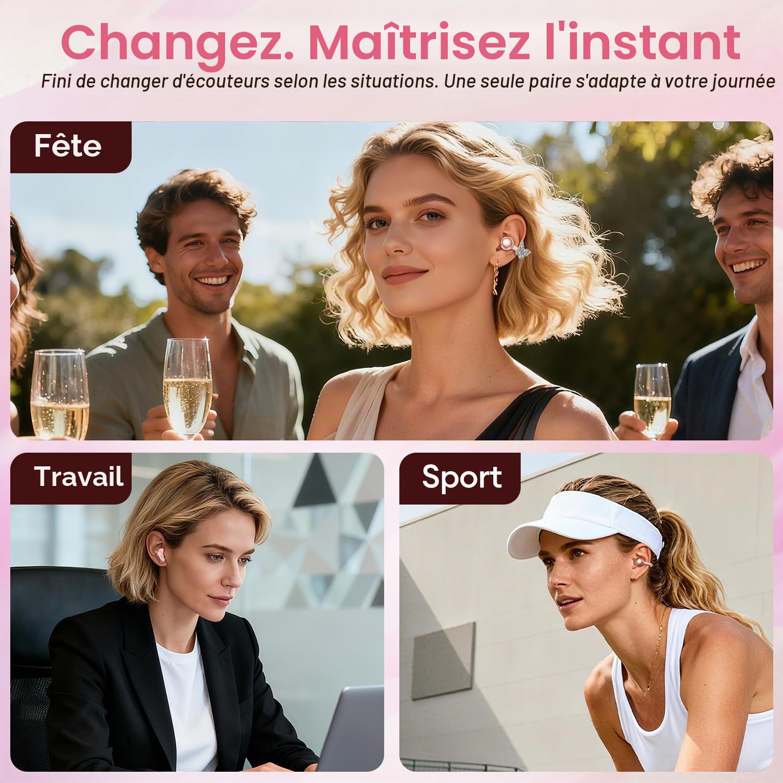 PAXA 3 en 1 Écouteurs Bluetooth sans Fil – Écouteurs avec Clip Bijou Amovible, Open-Ear Sport Écouteurs Wireless Earbuds 140H d'Autonomie, Bluetooth 6.0, IPX5 pour Runing Cyclisme, Ctbuds Rose Gold