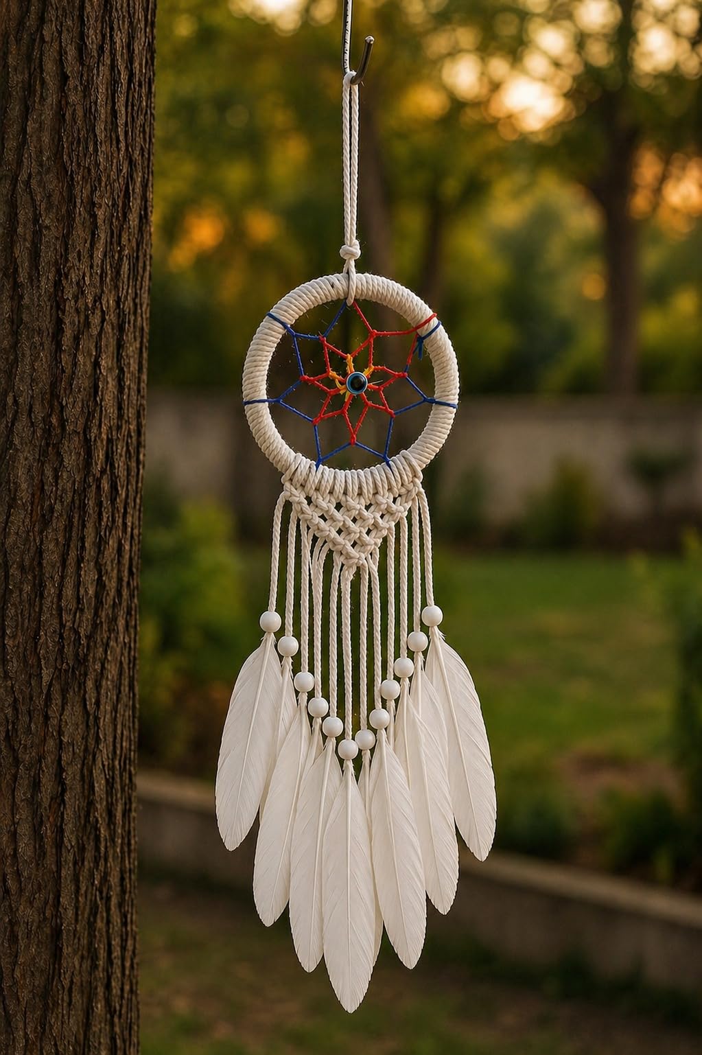 Handmade Multicolor Evil Eye Bead Dream Catcher with White Feathers | Boho Wall Hanging for Bedroom, Living Room & Window Décor | Positive Energy Home Decor Gift (Rainbow)-image-12