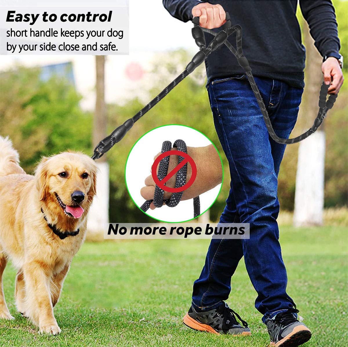 JSXD Correa de perro de doble asa resistente, 5 pies, acolchada y reflectante, cuerda para perros pequeños a grandes (negro)