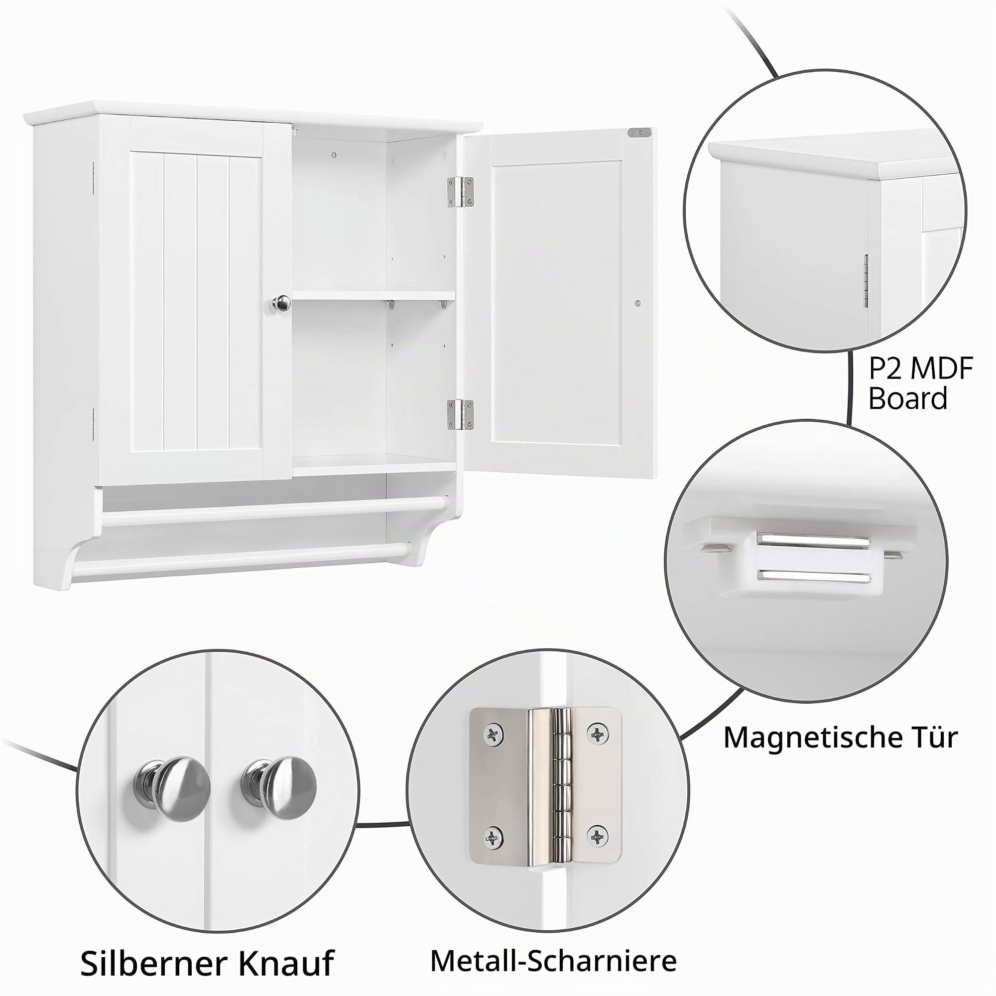 Yaheetech Badezimmerschrank Hängeschrank Wandschrank mit 2 Türen & Handtuchhalter Badschrank mit Höhenverstellbarem Einlegeboden Küchenschrank Oberschrank Weiß BHT ca: 60,5x64x22,5cm