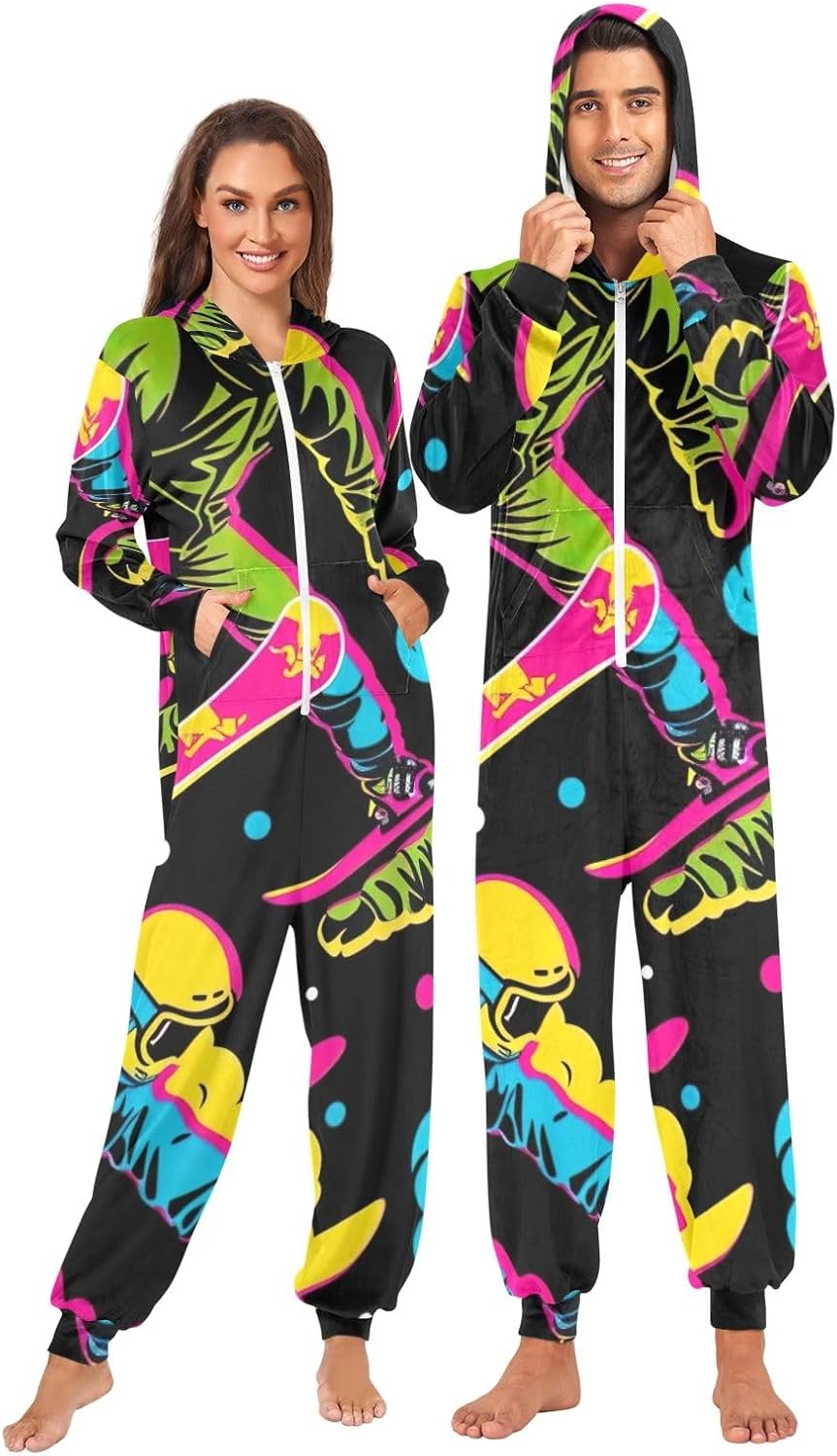 GAIREG Colorful Ski Adult Onesie Pajamas Warm Plush One Piece Jumpsuit with Hood for Men Women Christmas Loungewear