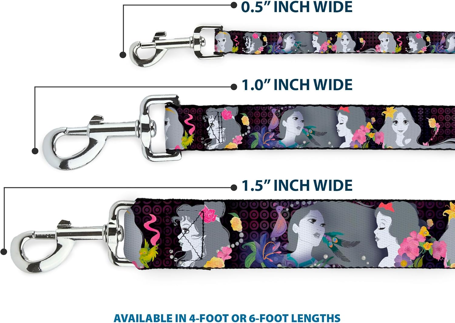 Buckle-Down Pet Leash - Princess Silhouettes Dots Black/Purple/Gray/Multi Color - 4 Feet Long - 1.5" Wide
