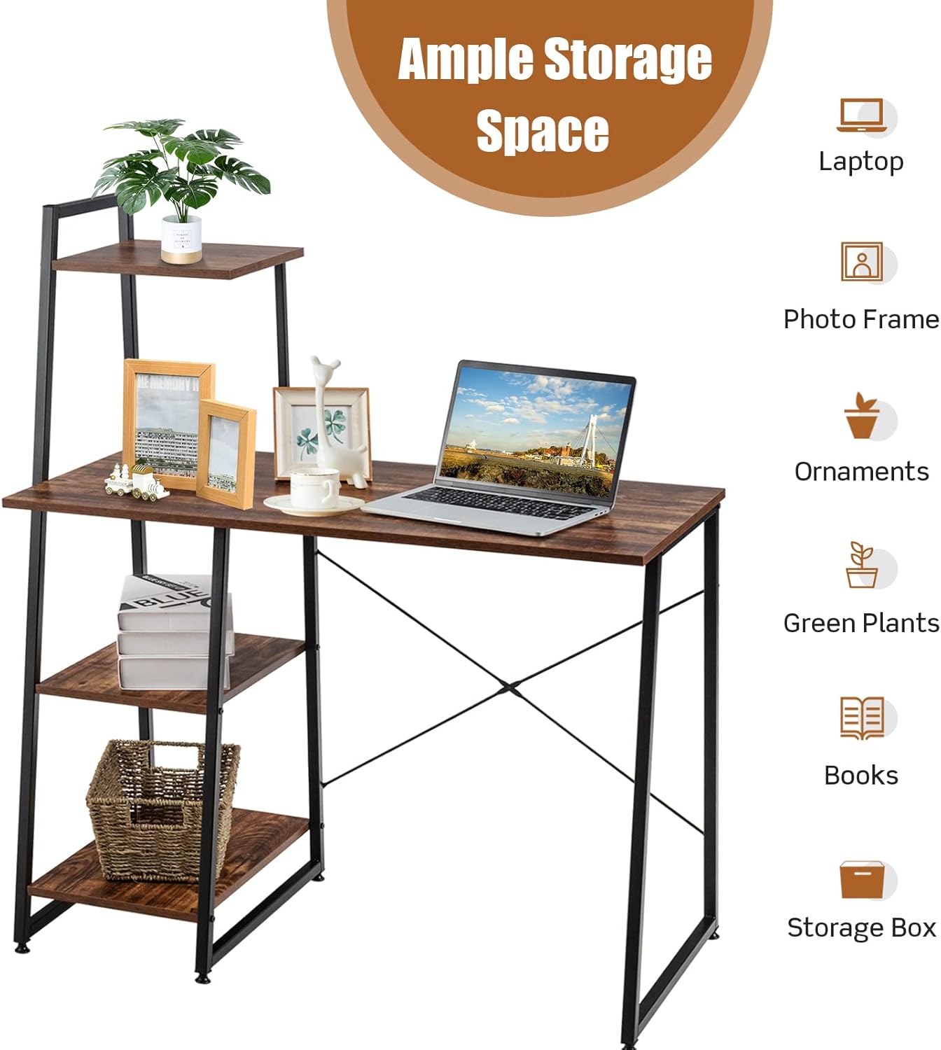 Onnertune Computer Desk, Modern Writing Desk Study Table w/ 4-Tier Storage Shelves, 4 Adjustable Foot Pads & X-Shaped Frame, Home Office Workstation Writing Table (Brown)
