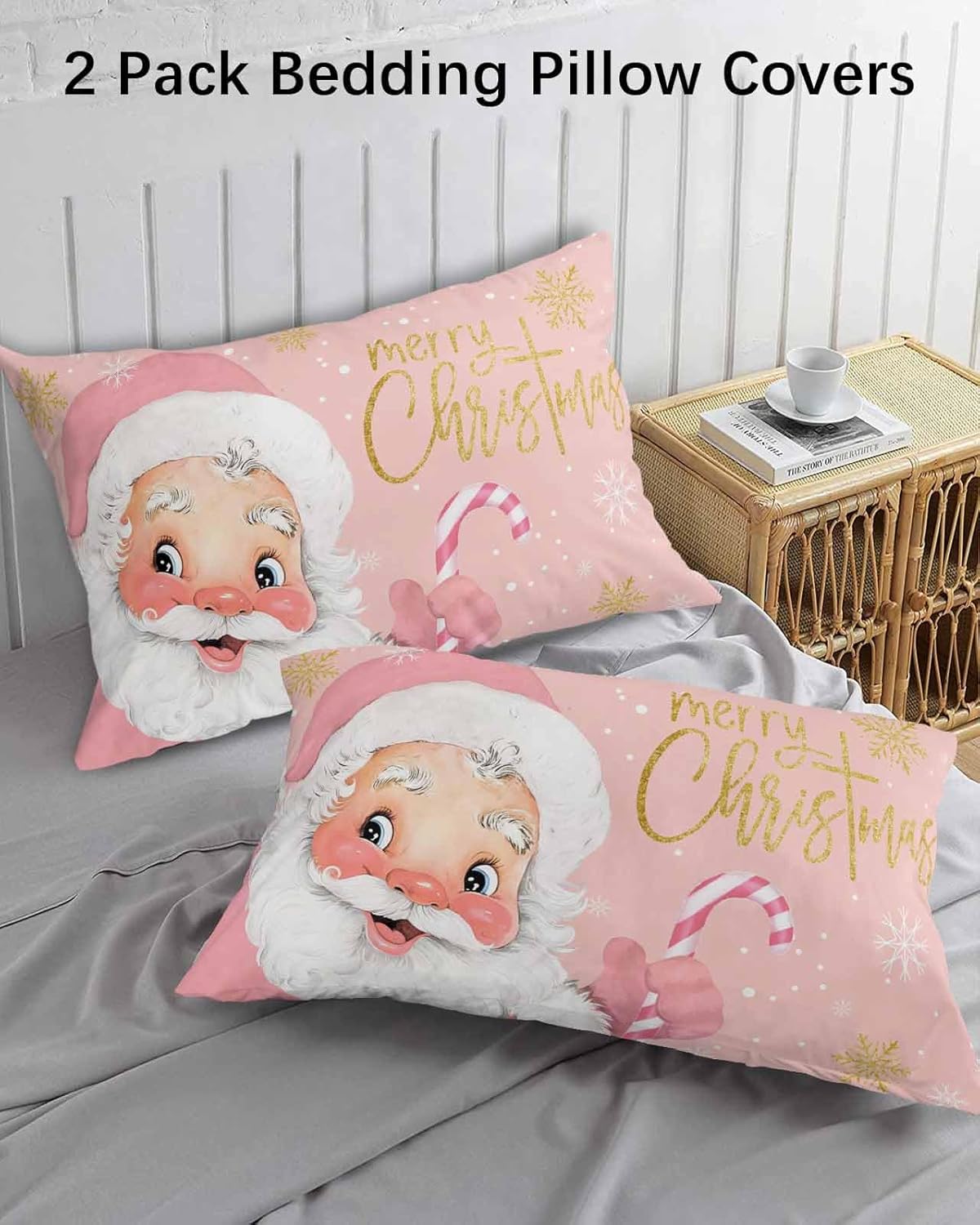 Pink Santa Christmas Queen Pillow Cases Set of 2, Winter Snowflake Microfiber Bed Throw Pillow Covers, Merry Christmas Decorative Lumbar Pillow Cover with Envelope Closure for Sofa/Travel 20"x30"
