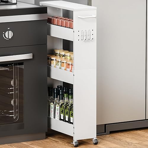 Miniatura 16 de Carrito de almacenamiento delgado, 5 pulgadas de ancho, carrito rodante blanco de 4 niveles con asa y parte superior de madera para cocina, baño,