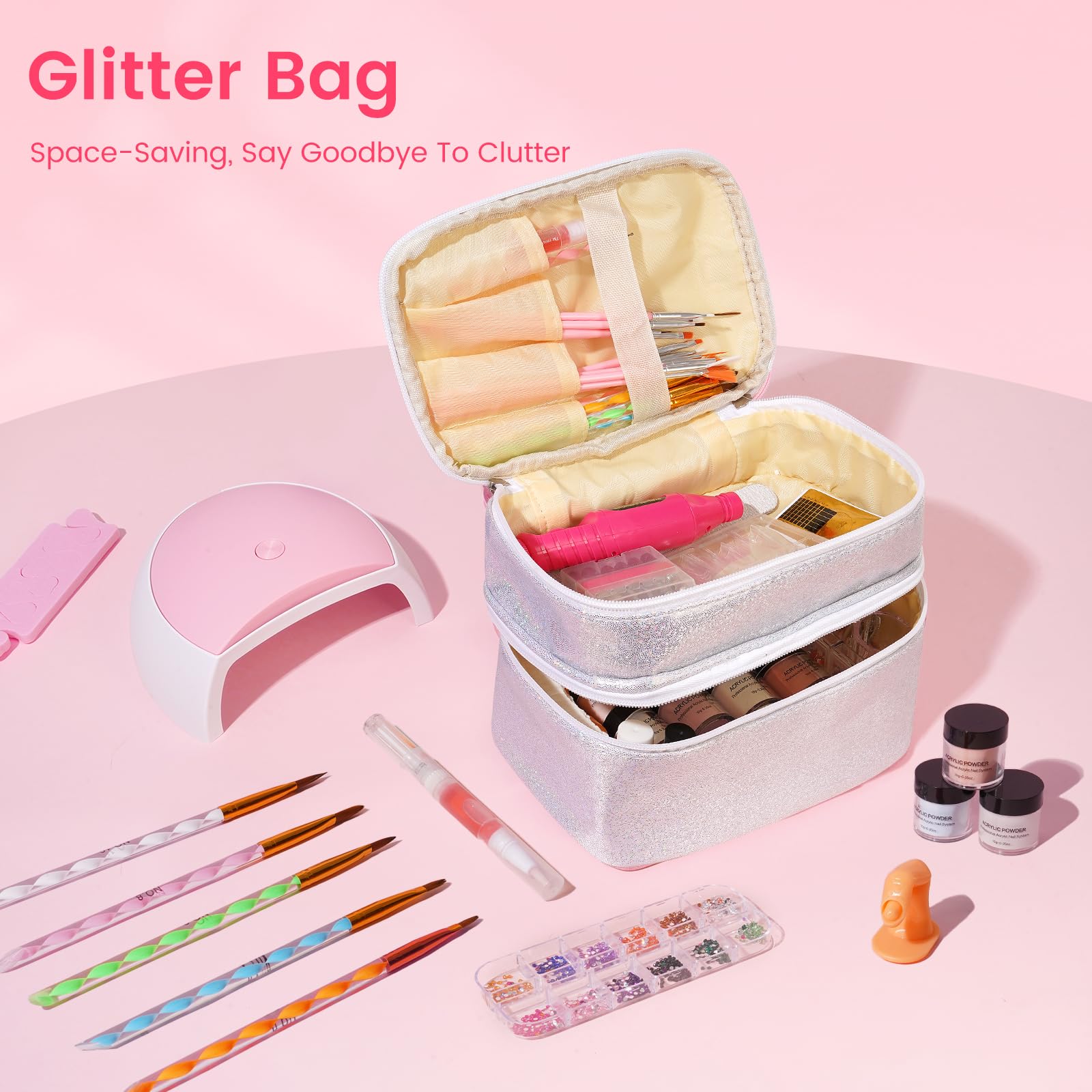 Kit de Uñas Acrílicas para Principiantes Completo: 12 Colores Acrilico Para Uñas con Dedo de Práctica Taladro Lámpara UV - Kit Uñas Semipermanentes Extensión Manicuracon Bolsa Glitter