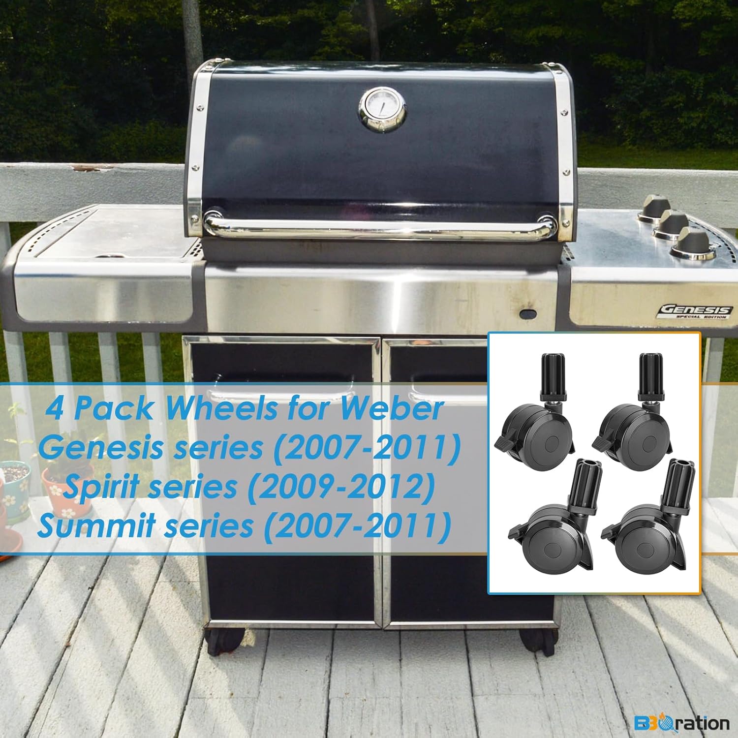 70360 Locking Caster with Insert for Weber Spirit E-310 S-310 Genesis E-320 S-320 Summit E-450 for Weber Grill Replacement Wheels, 4 Pack Wheels for Weber Genesis Grill Parts (2007-2011)