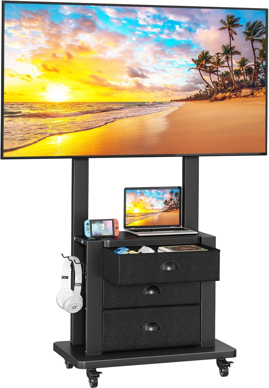 JKsmart Mobile TV Stand with 3 Fabric Drawers, for 23-75 inch Flat/Curved Screen Up to 120lbs, Height Adjustable Mobile TV Cart with Shelf, Rolling TV Floor Stand, Locking Wheels, Max VESA 600x400mm