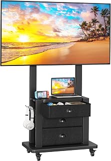 JKsmart Mobile TV Stand with 3 Fabric Drawers, for 23-75 inch Flat/Curved Screen Up to 120lbs, Height Adjustable Mobile TV Cart with Shelf, Rolling TV Floor Stand, Locking Wheels, Max VESA 600x400mm