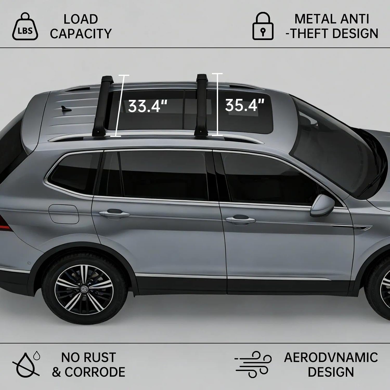 Roof Rack Cross Bars Compatible with Volkswagen Tiguan 2018-2025, 300lbs Heavy Duty Aluminum Crossbars, Lockable Anti-Theft Roof Bars for Rooftop Cargo Kayak Bike