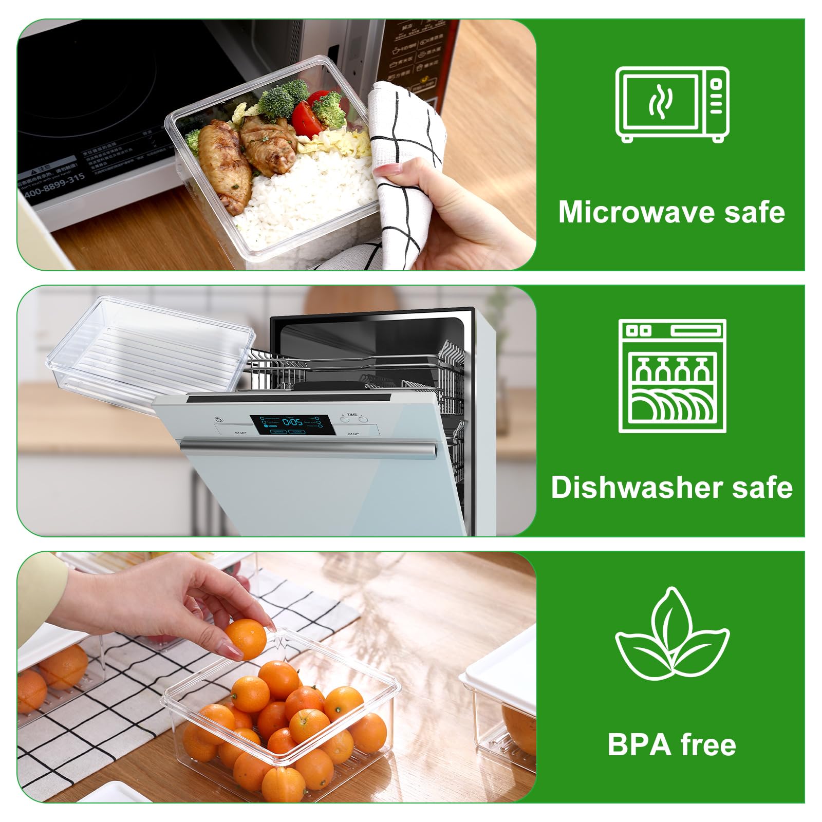 Bokelai Paquete de 5 organizadores de refrigerador, recipientes transparentes para almacenamiento de alimentos con tapas y asa, contenedores apilables para refrigerador, contenedores organizadores