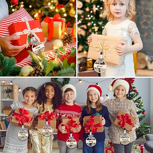 Miniatura 5 de 18 etiquetas de nombre de madera de Navidad, etiqueta colgante de calcetín de Navidad con etiquetas huecas de copo de nieve, lazos a cuadros, muñeco