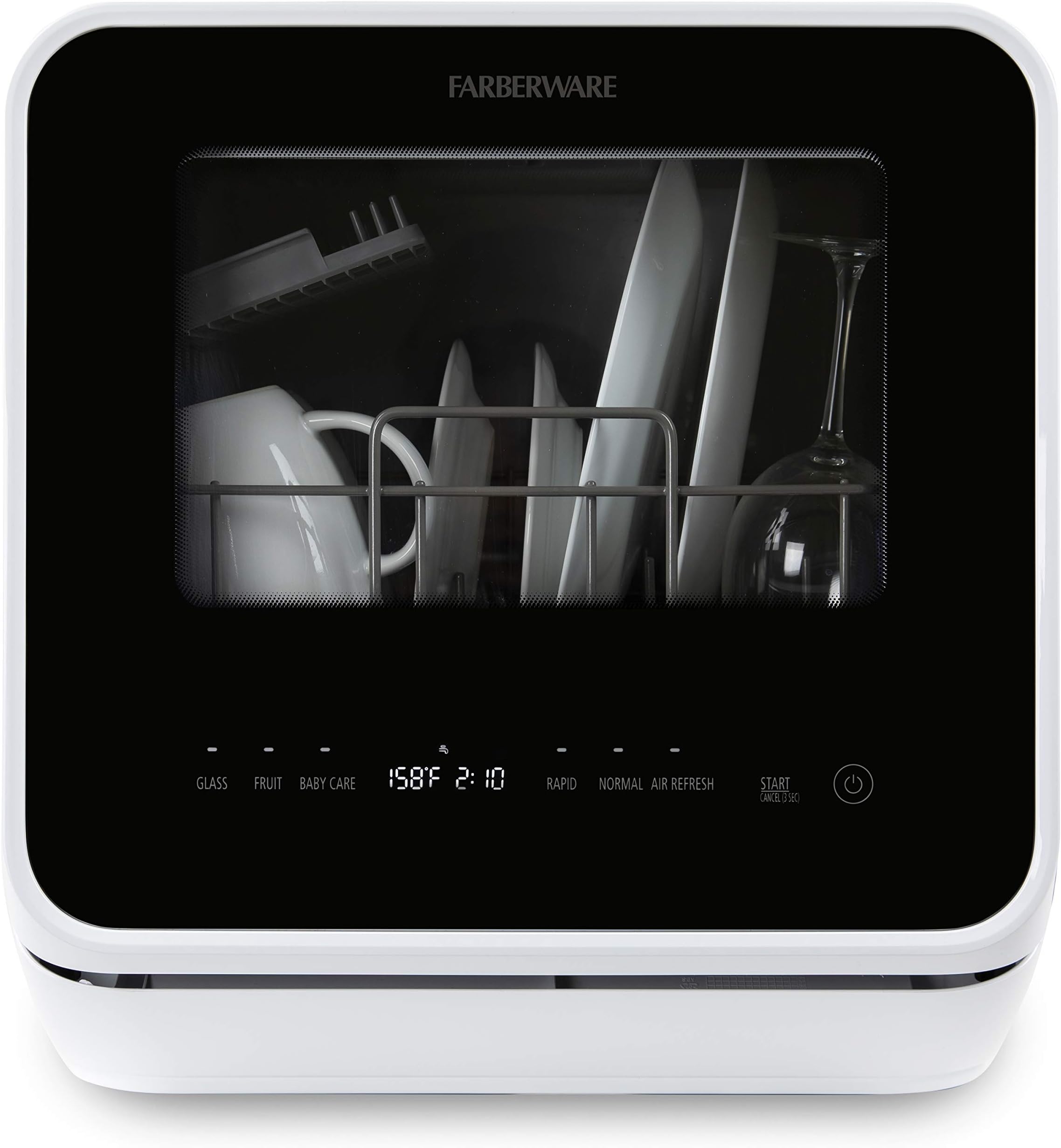 Farberware FDW05ASBWHA Compact Portable Countertop Dishwasher with 5-Liter Built-in Water Tank, 5 Programs, Baby Care, Glass & Fruit Wash, White