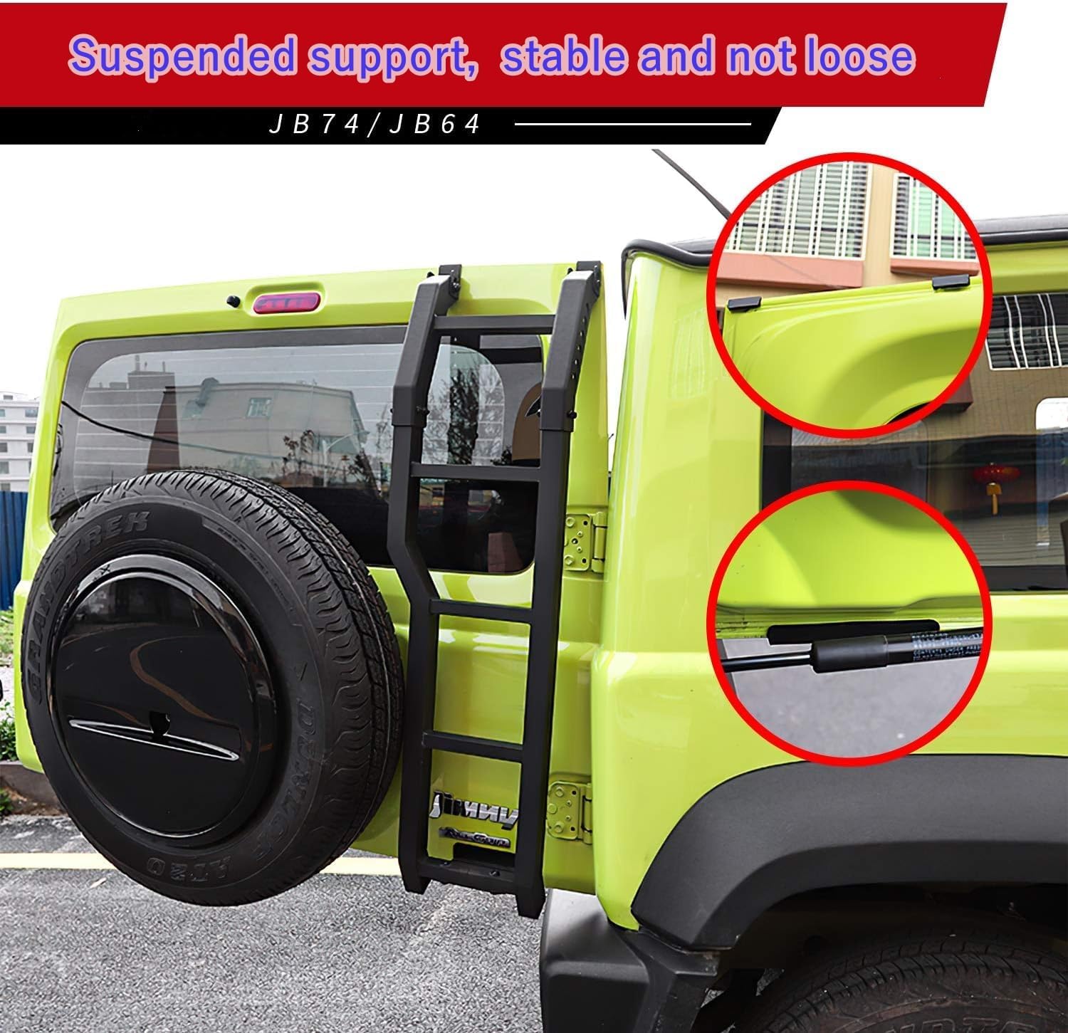 Avvicinamento view of the suspended support mechanism of the tailgate ladder, showing how it attaches to the vehicle's tailgate without drilling.