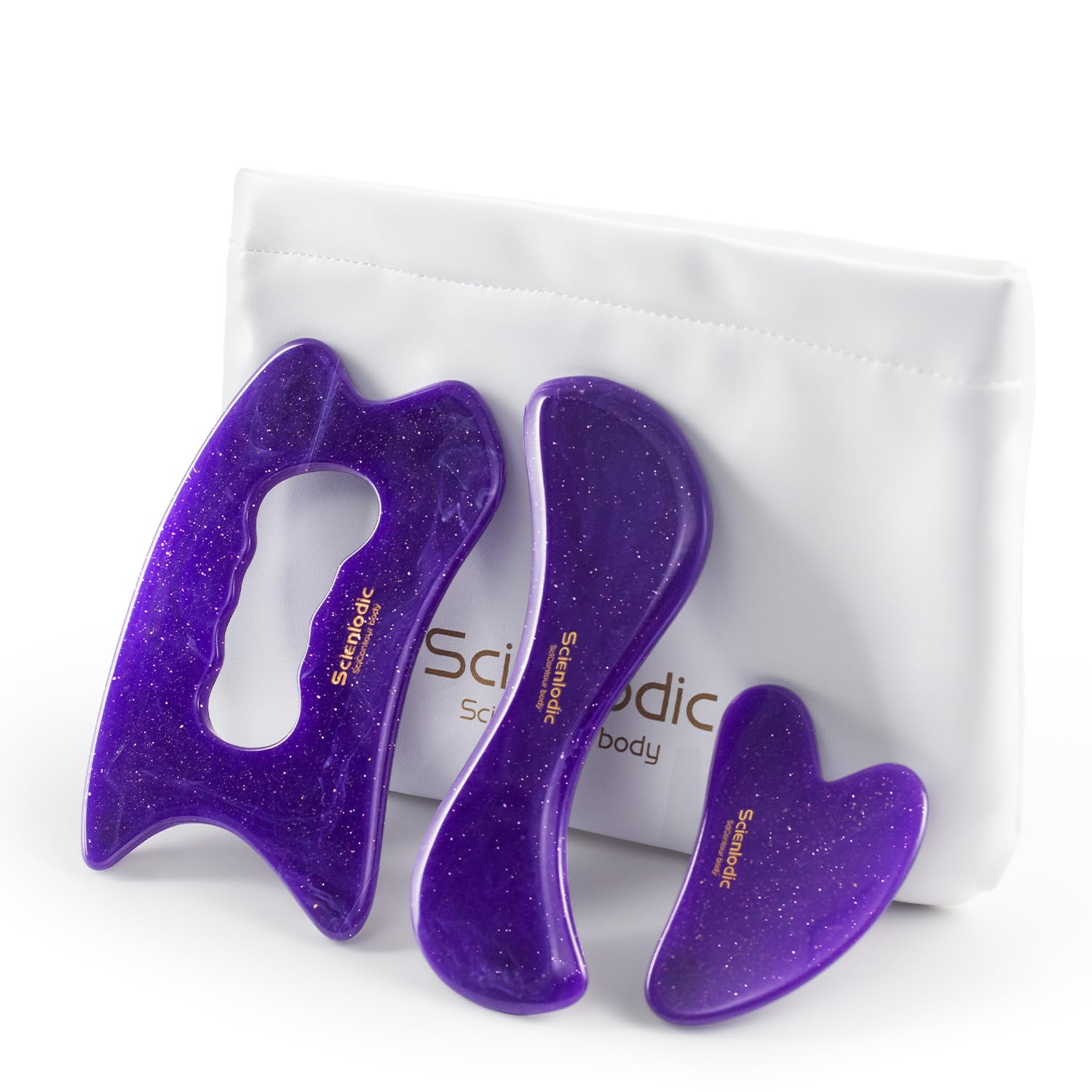 Scienlodic 3 Pcs Gua Sha Massage Tools for Face &amp; Body (Purple, Resin) - Scraping Tools for Back, Legs &amp; Muscle Relaxation, Guasha Facial Tool for Jawline Contouring &amp; Puffiness Reduction
