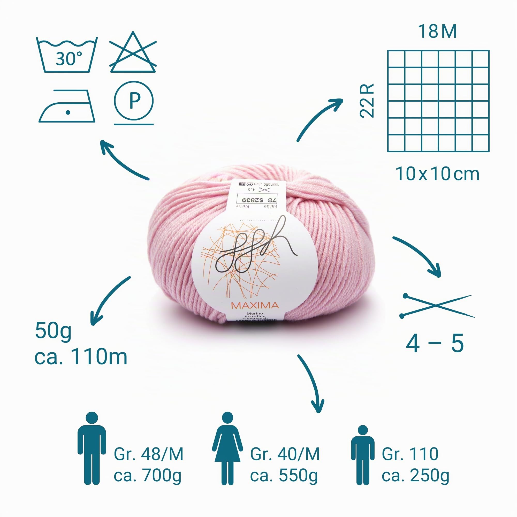 ggh Maxima Box - 6x50g (insgesamt 300g) Merinowolle extrafein und maschinenwaschbar - Nadelstärke 4-5 Farbe 078 - Puderrosa