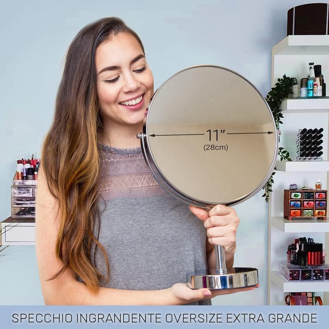 Mirrorvana Specchio da tavolo ingranditore 3X e 1X - specchietto telescopico da bagno per trucco e make up, specchio da appoggio 28 cm (cromato)