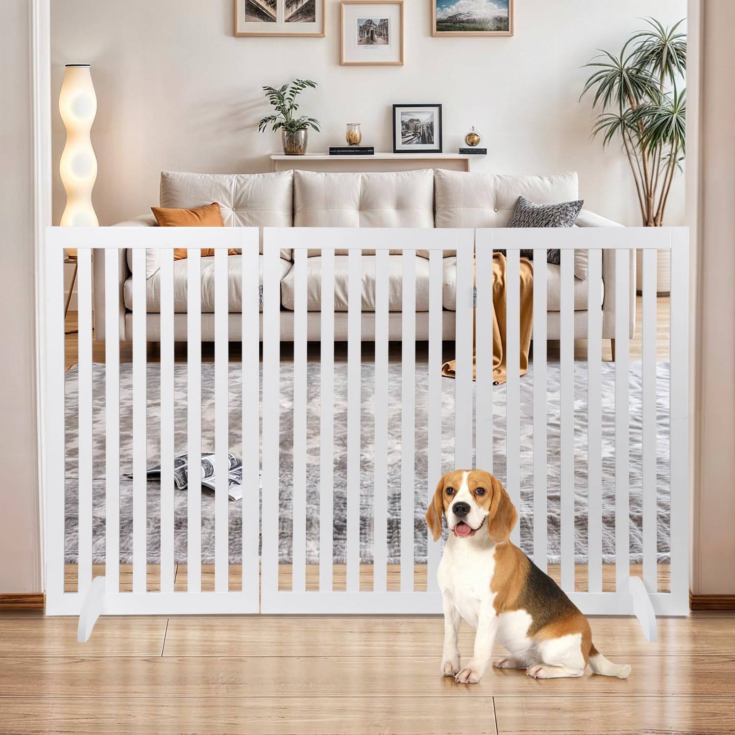 Dog Gate 60 x 36 Inch Freestanding Indoor Pet Door for House Doorways Stairs Halls, Foldable Wood Safety Fence 3 Panels, White