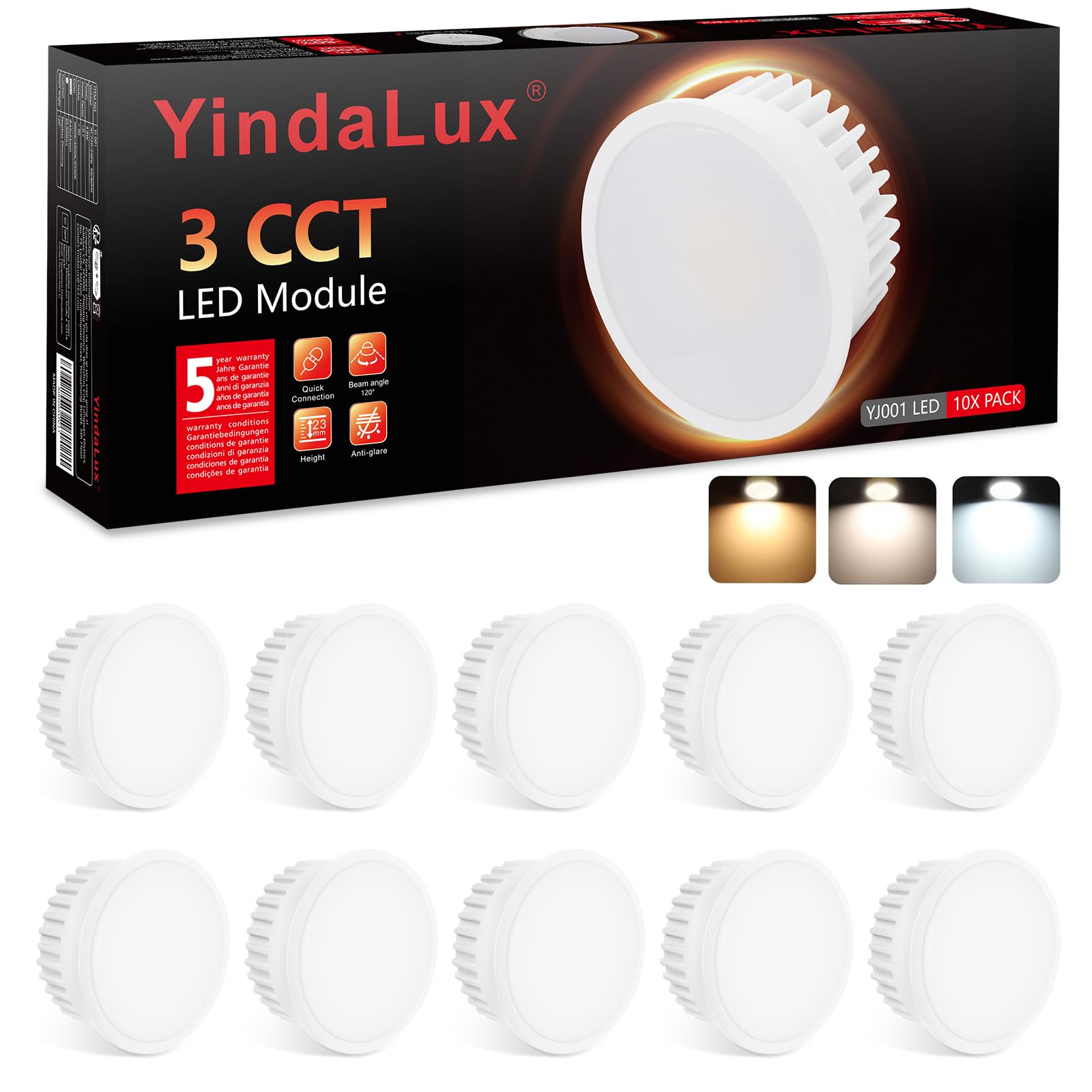 YindaLux 10x LED Modul 230V Dimmbar 5W IP44 LED Lampen für Einbaustrahler Aufbauspot Spots, Ersatz für GU10/MR16,Ultra Flach ø50x23mm Warmweiss Naturalweiß Kaltweiß, 120° Abstrahlwinkel