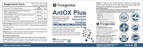 Miniatura 2 de A.K. Trexgenics ANTOX PLUS Arándano 25% 200 mg, corteza de pino 90% 200 mg y vitamina C Complejo antioxidante avanzado, corazón, ojos, piel,