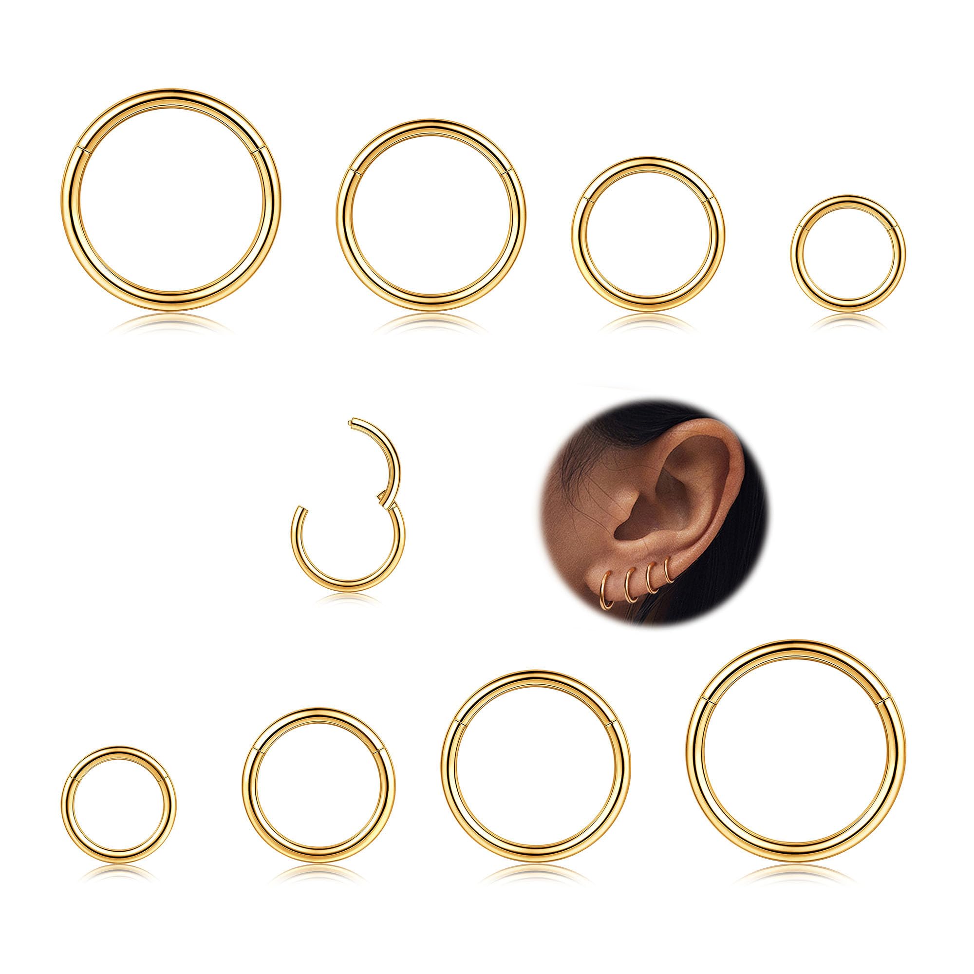 MILACOLATO 8Pcs 16G Surgical Steel Hinged Clicker Segment Nose Rings Hoop Helix Cartilage Daith Ohr Tragus Sleeper Earrings Body Piercing 6-12MM
