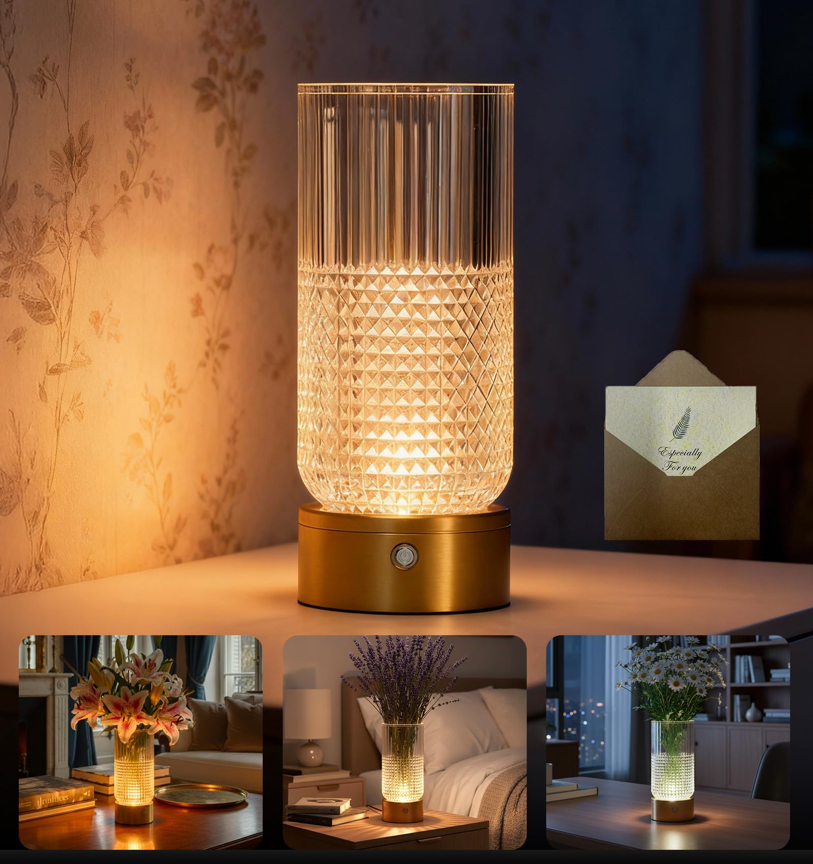 YITGOG Light Up Vase with Lamp, Rechargeable Crystal Flower Vase Lamp 3 Color Dimmable Touch Control, 3600mAh Cordless Decorative Lamp for Bedroom Living Room Table, Copper Finish Bedside Lamp