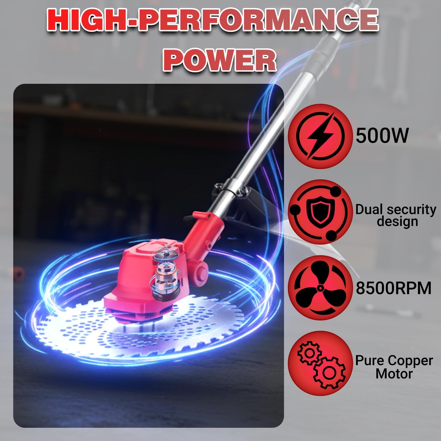 21V Electric Weed Wacker Cordless, Weed Eater Battery Powered with 2x3.0Ah Batteries & 3 Types Blades, Brushless Motor Weed Trimmer Cordless Grass Trimmer for Lawn Garden Work (Red) - Image 4