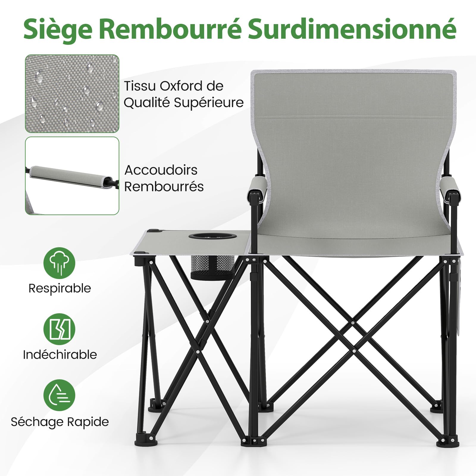 GOPLUS Lot de 2 Chaises de Camping avec Table d'Appoint, Chaise de Plage Pliante avec Porte-gobelet, Poches de Rangement, Ultra Leger, Sac Transport, Charge 150 kg, pour Pêche, Pique-Nique (Gris)
