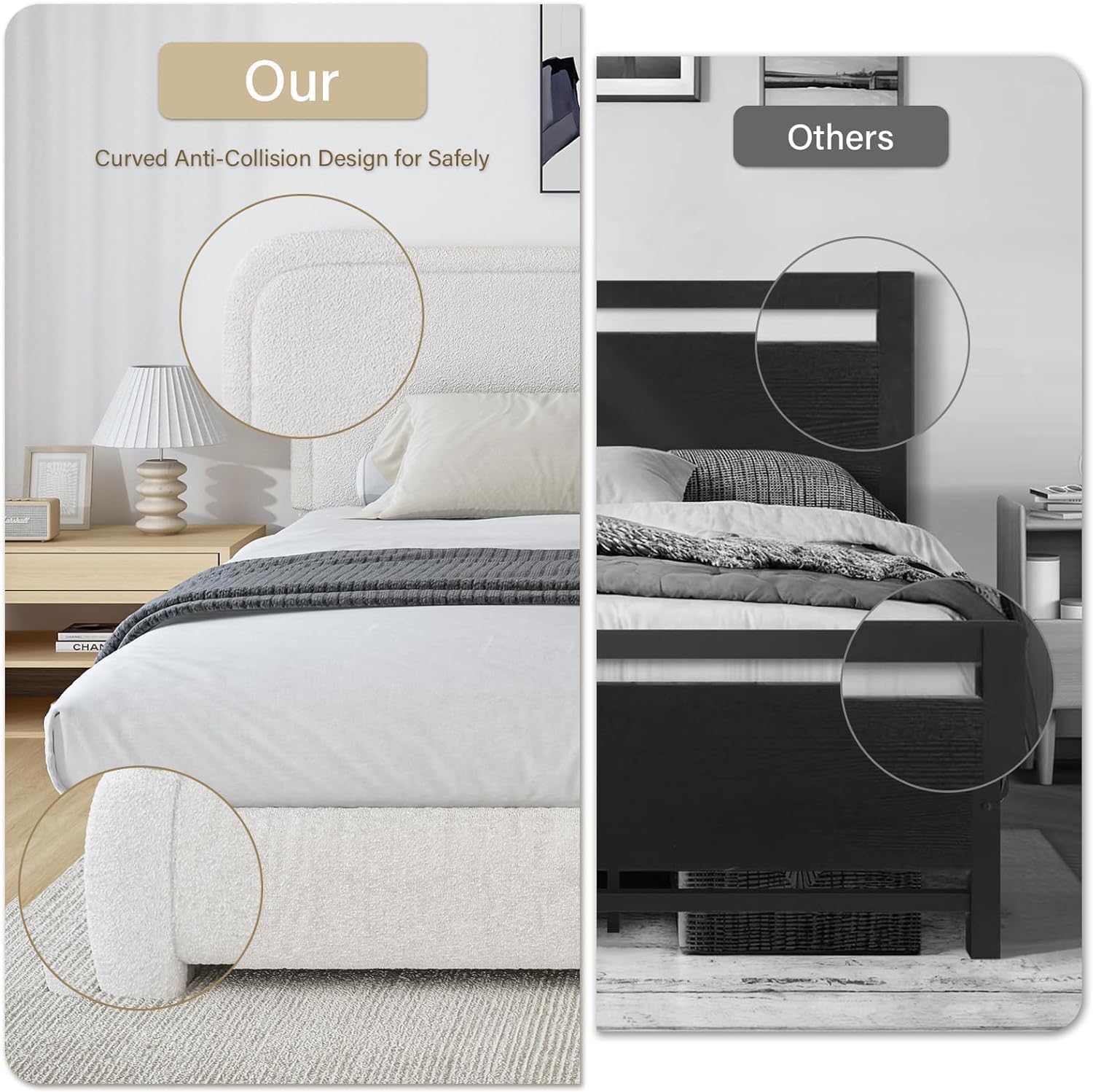 BarnFurin Twin Bed Frames,Cloud Boucle Upholstered Platform Bed Frame with Headboard, Soft Rounded Corners, Noise Free, Easy Assembly, Beige