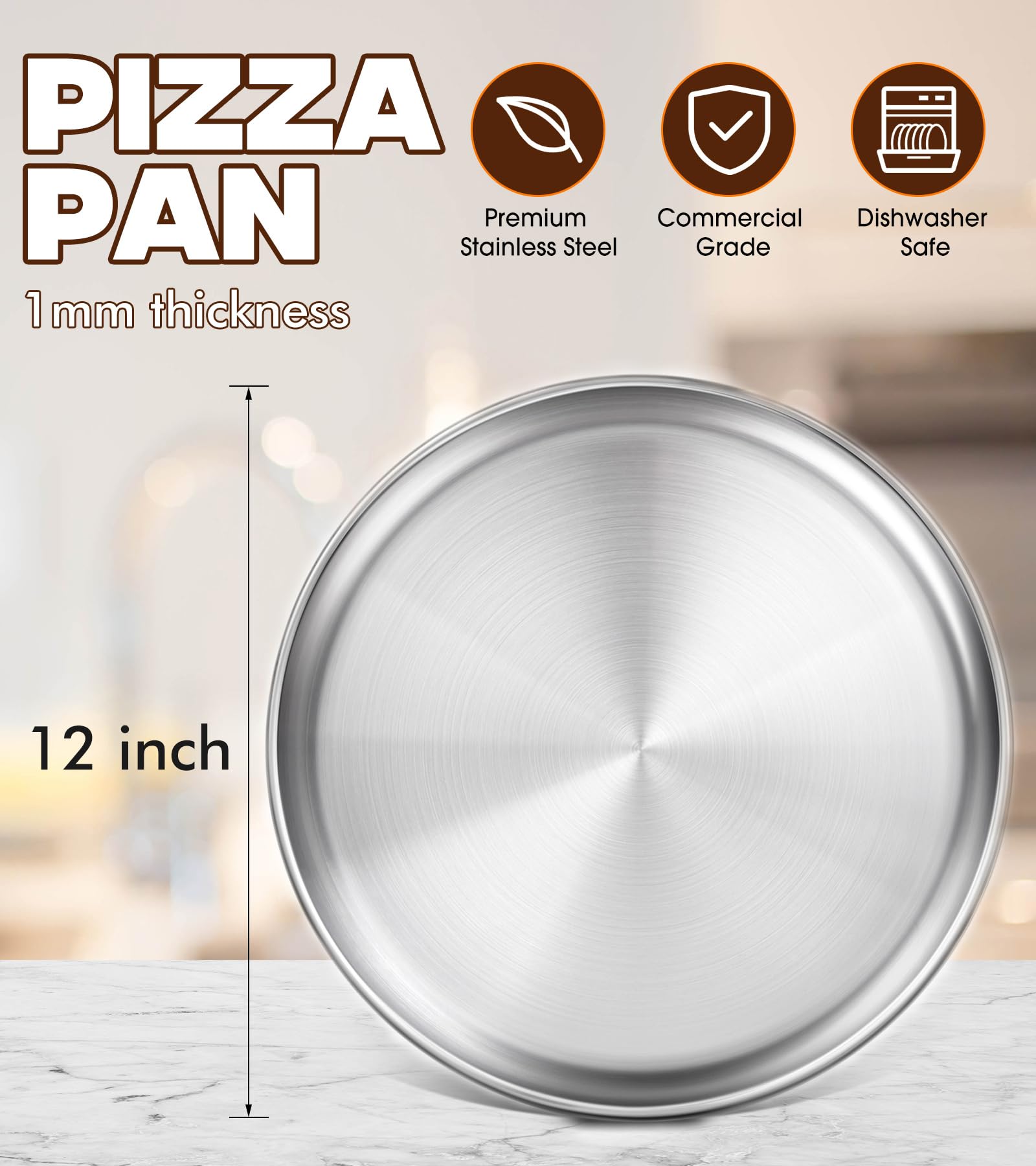 Yuiicaov Stainless Steel Pizza Pan 12 inch, Pizza Pan for Oven, Steel Pizza Tray, Thick Round Pizza Plate Pizza Baking Sheet, Easy Clean & Dishwasher Safe, Set of 1