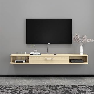 PmnianhuaFloating TV Console, Floating TV Unit wall mounted Entertainment Wall Shelf TV Cabinet Media Console with Door and Storage for Home Office (140cm, Light Oak)