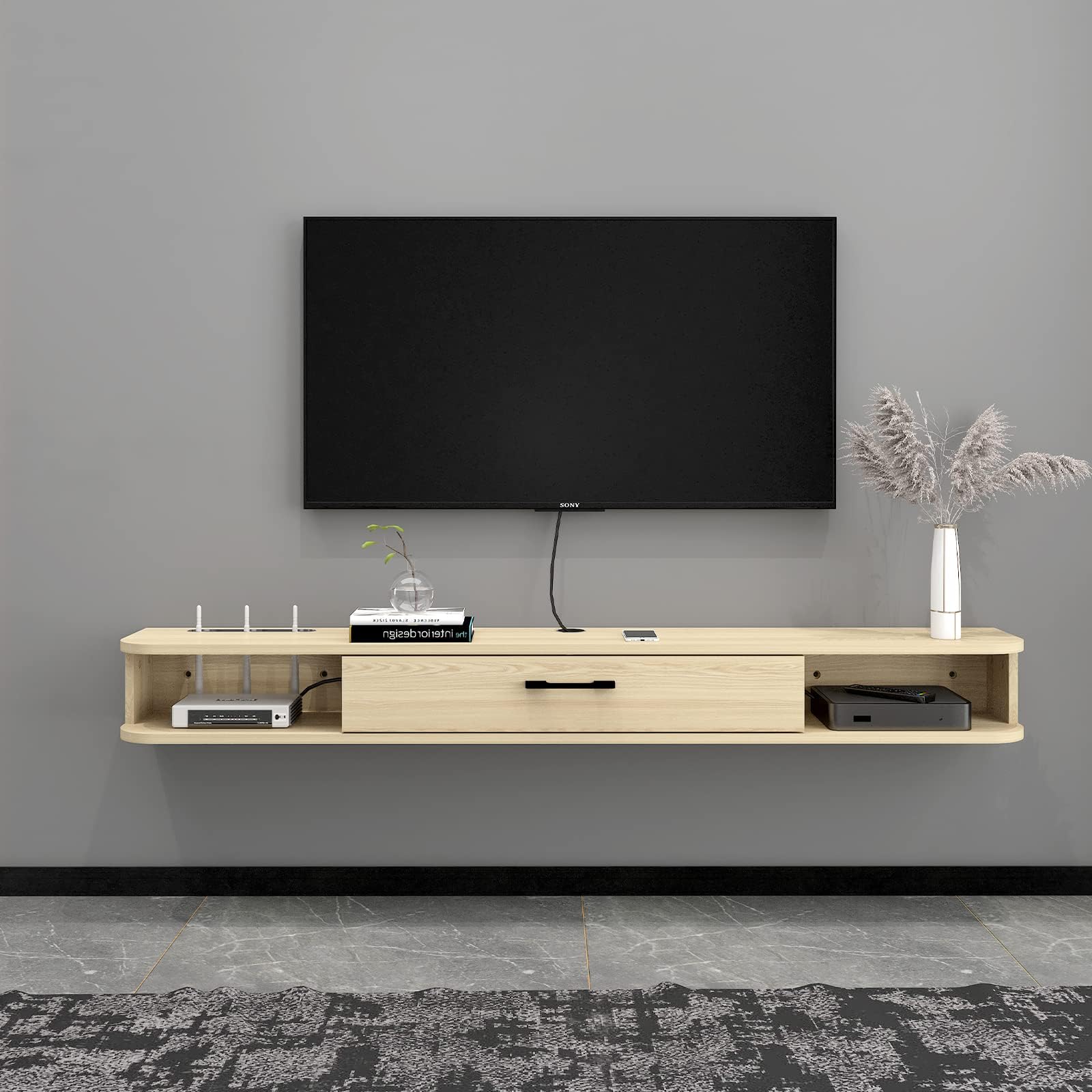PmnianhuaFloating TV Console, Floating TV Unit wall mounted Entertainment Wall Shelf TV Cabinet Media Console with Door and Storage for Home Office (140cm, Light Oak)