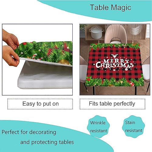 Miniatura 4 de SongYi Mantel de Navidad ajustable a cuadros, con borde cuadriculado, para decoración del hogar, resistente a las manchas y al polvo, lavable de