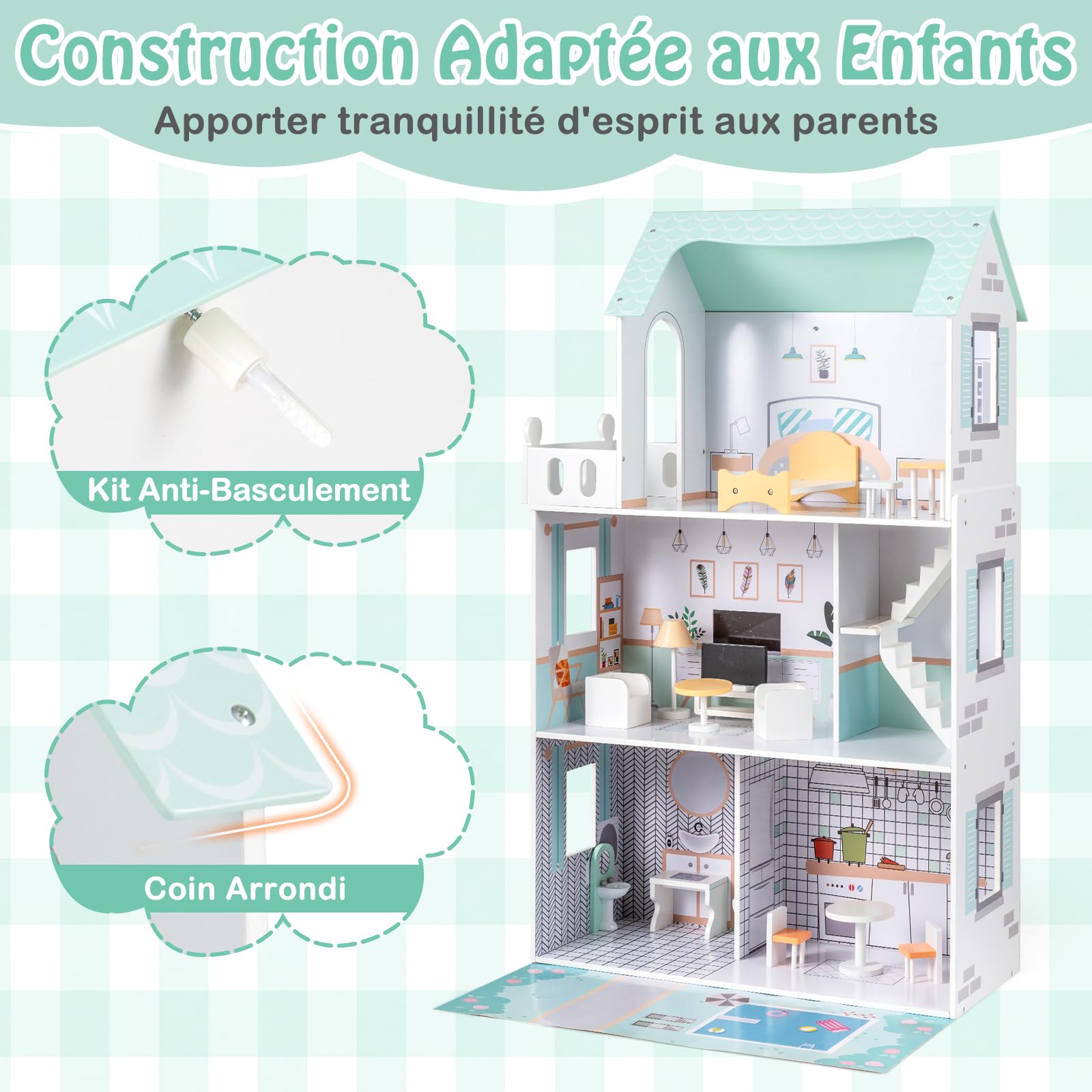 COSTWAY Maison de Poupée en Bois à 3 Étages avec 5 Pièces et 17 Meubles, Maison de Rêve avec Ascenseur, Autocollants Princesses, Jeu d’Imitation Playhouse pour Enfants de 3 Ans+ (Vert)