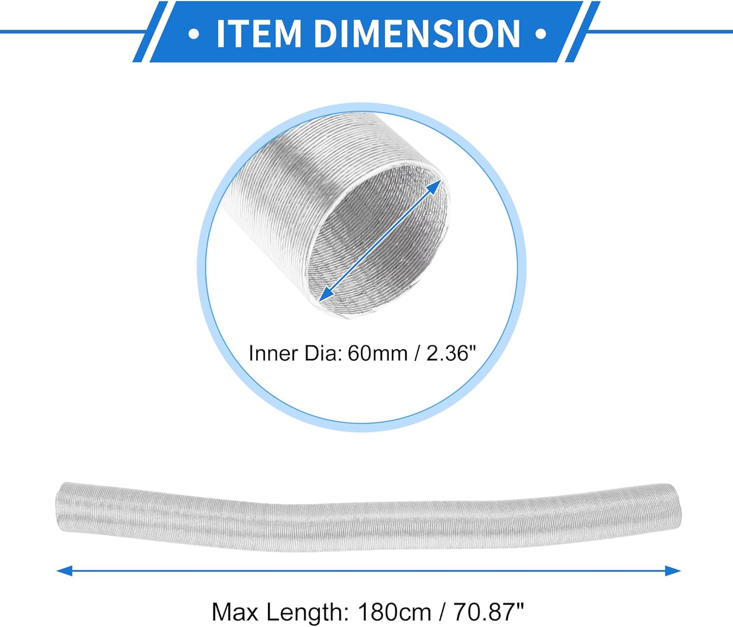 60mm Dia 180cm Car Heater Duct Pipe Aluminum Foil Warm Air Ducting Hose for Diesel Heater Silver Tone