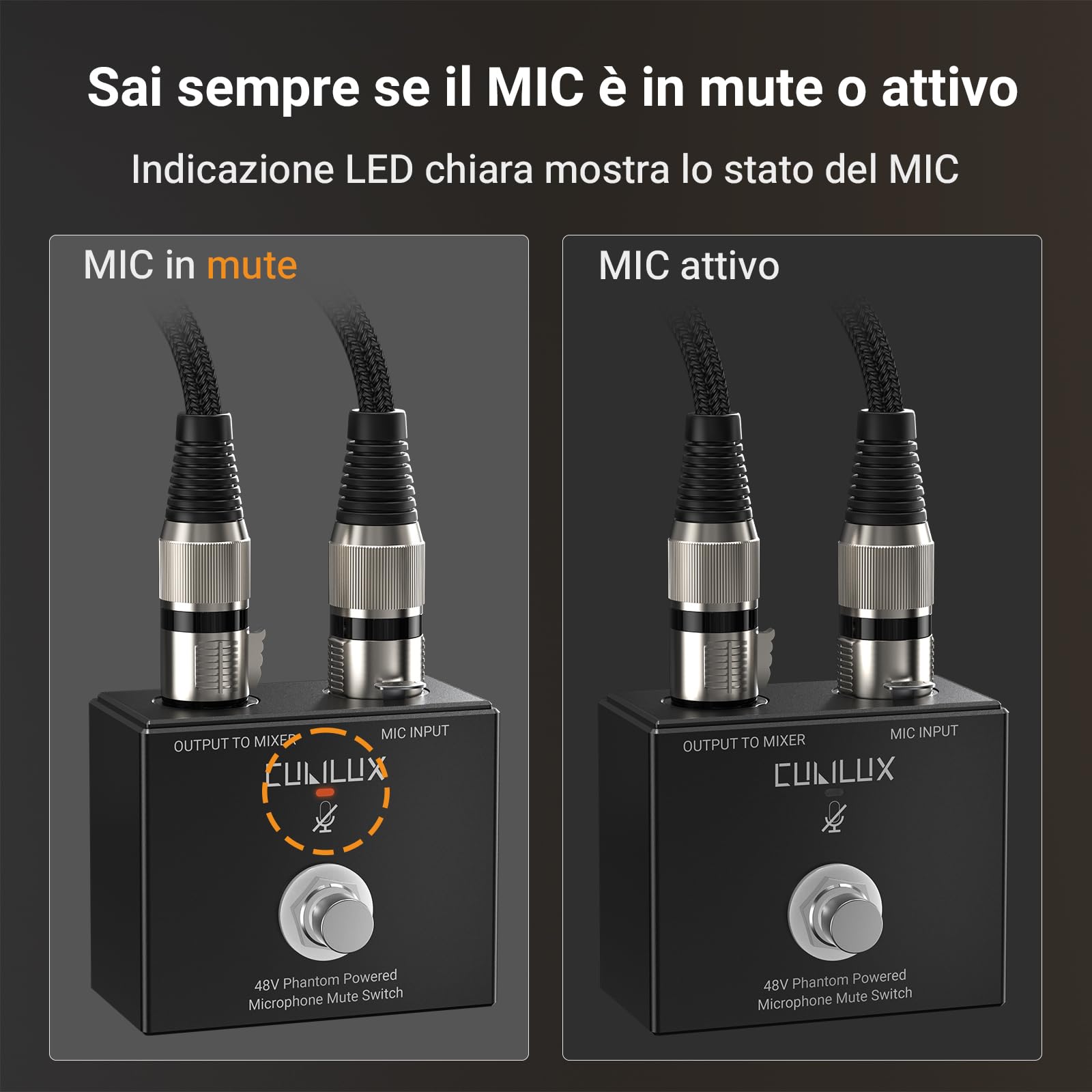 Cubilux MMX-3 interruttore mute XLR a pedale per microfono a condensatore 48V, controllo mano/piede, corpo in alluminio, switch in-line mic on/off per studio, streaming, broadcast e palco