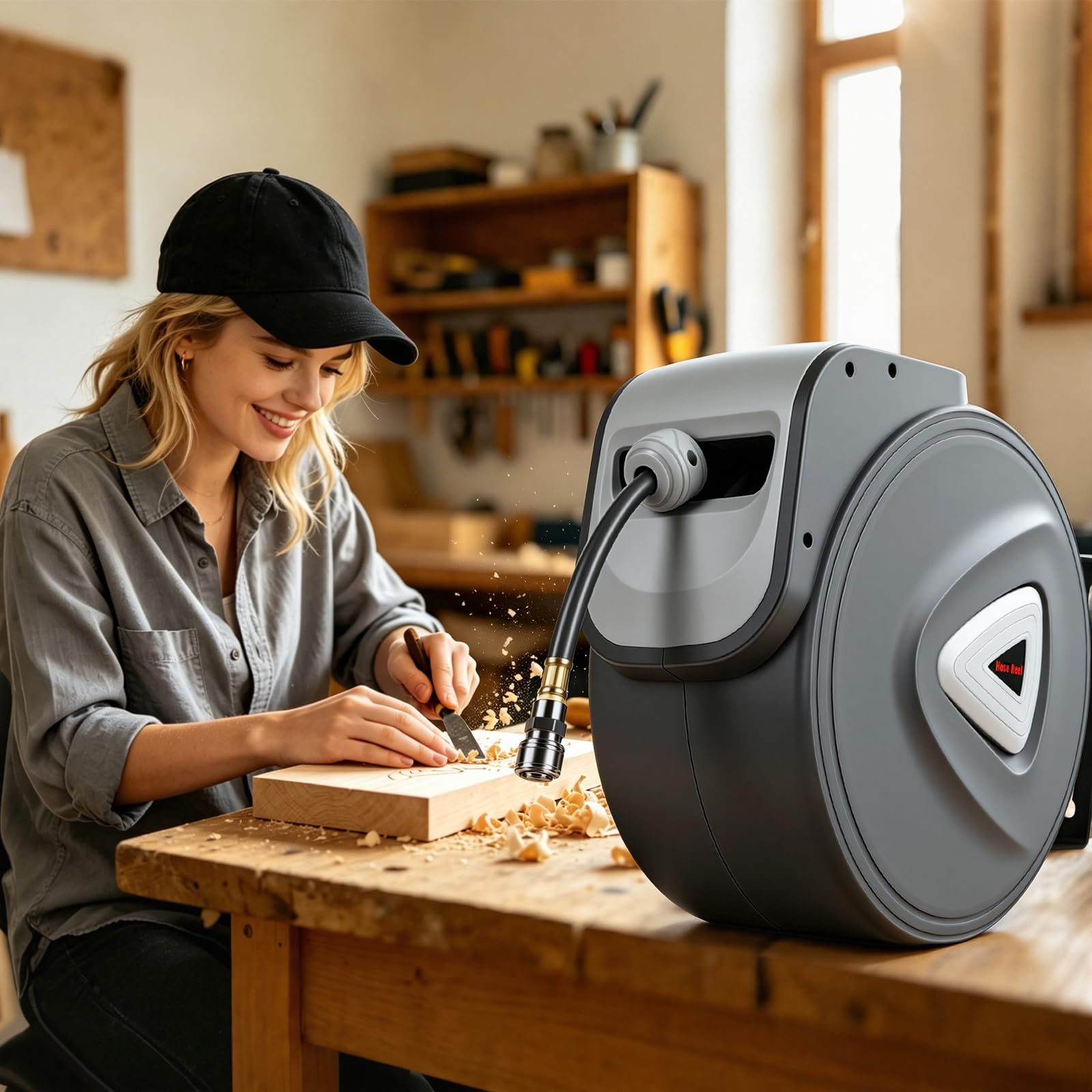 Druckluftschlauch, 30m Kompressor Schlauchtrommel Automatik Druckluftschlauchtrommel Aufroller, Schnellkupplung 1/4'', Wandhalterung Druckluftschlauch-trommel für Kompressor Werkstatt, Grau