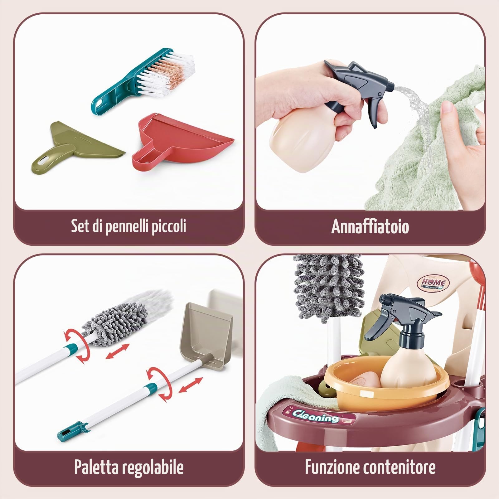 deAO Kit di Pulizia per Bambini, Carrello di Pulizia Staccabile con Scopa, Paletta, Spruzzatore, Giocattoli per Bambini, Gioco di Ruolo, Regalo 3 Anni+