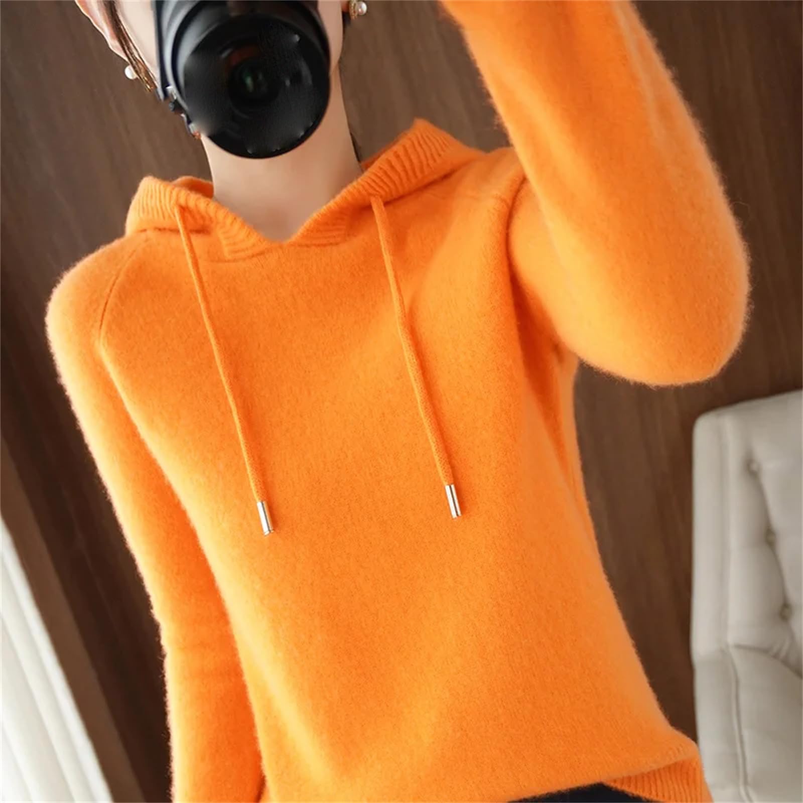 Yeuyyben Maglione da donna in lana merino capispalla con cappuccio colletto pullover invernale fondello maglieria casual caldo morbido top arancione, Arancione, XL