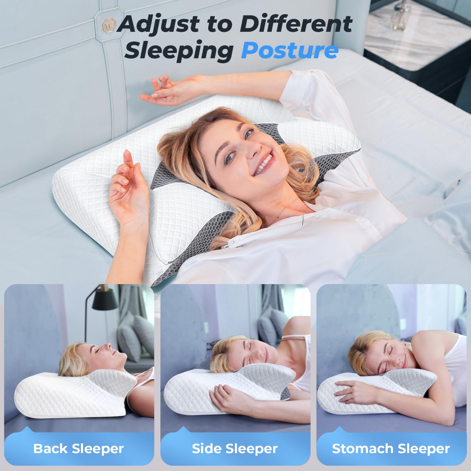 SAHEYER Oreiller Ergonomique Cervical Memoire de Forme, Coussin Cervicales pour Dormir Oreiller Orthopédique pour Dormeurs sur Le Côté, Le Dos et l'Estomac, Gris