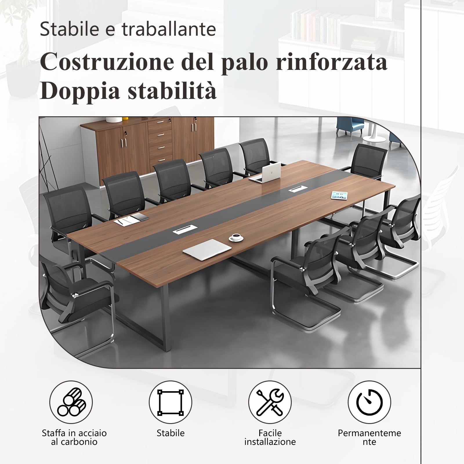 Grande Tavolo Riunioni Ufficio – Tavolo Conferenza Moderno con Passacavi,Struttura in Metallo Robusta,Design Rettangolare Nero-Bianco per 8–12 Persone (senza sedie)