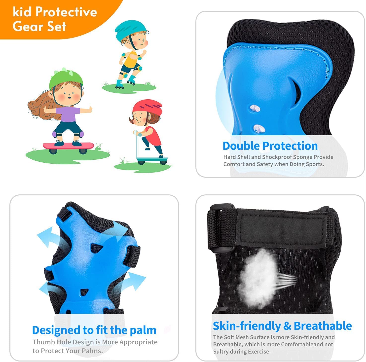Set Di Protezioni Sportive Per Bambini, 6 Pezzi, Protezioni Per Polsi, Ginocchiere, Gomitiere, Protezione Per Bambini, Skateboard, Pattinaggio, Ciclismo, Equitazione, Scooter, Blu