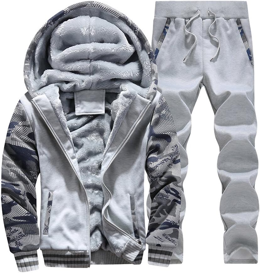 Plus Size Winter Men Fur Lined Hoodies Sweatshirts Pants Set Jogging Sport Tracksuit