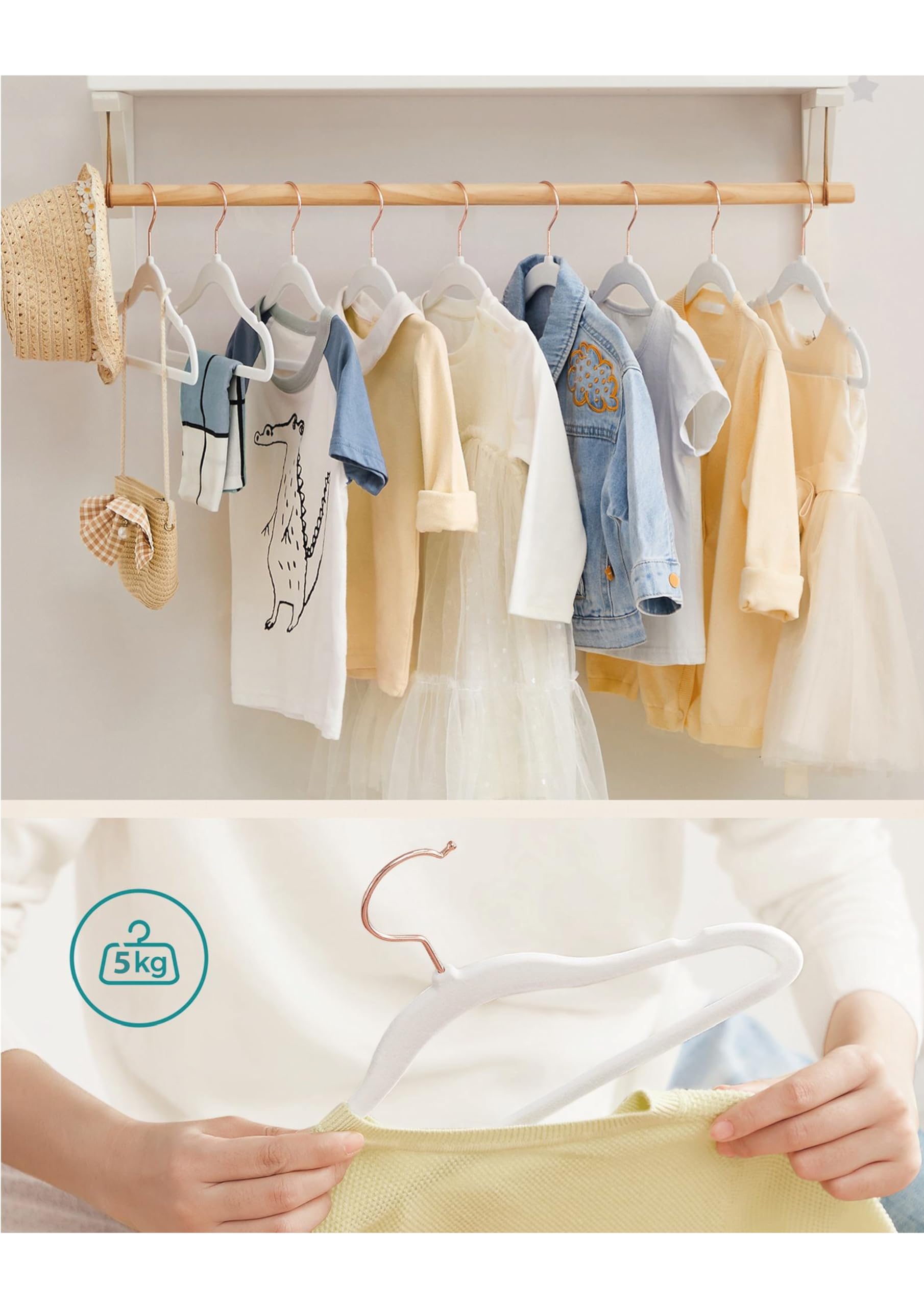 Cintres Bébé Malaké Velours - Lot De 20 Beige + 6 Crochets - Anti-Glisse - Pour Garde-robe Enfant