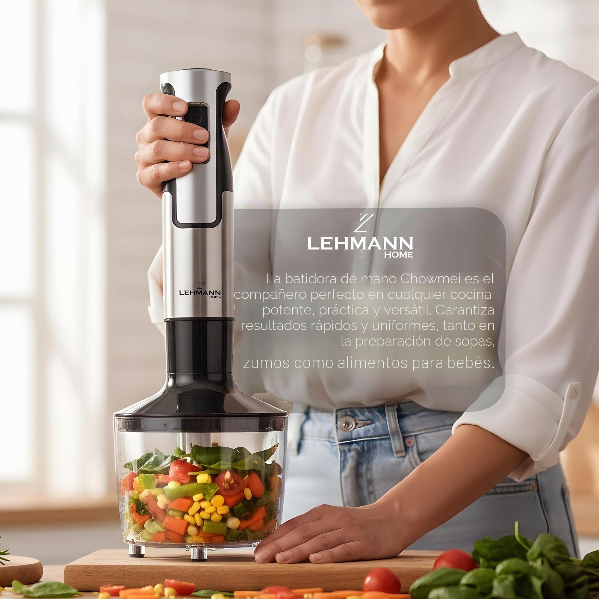 LEHMANN Batidora de mano multifunción 5 en 1, Potencia 1200W, Acero inoxidable, 8 velocidades ajustables + función Turbo, 6 Accesorios incluidos, Picadora 500 ml & Vaso medidor 860 ml, Libre de BPA