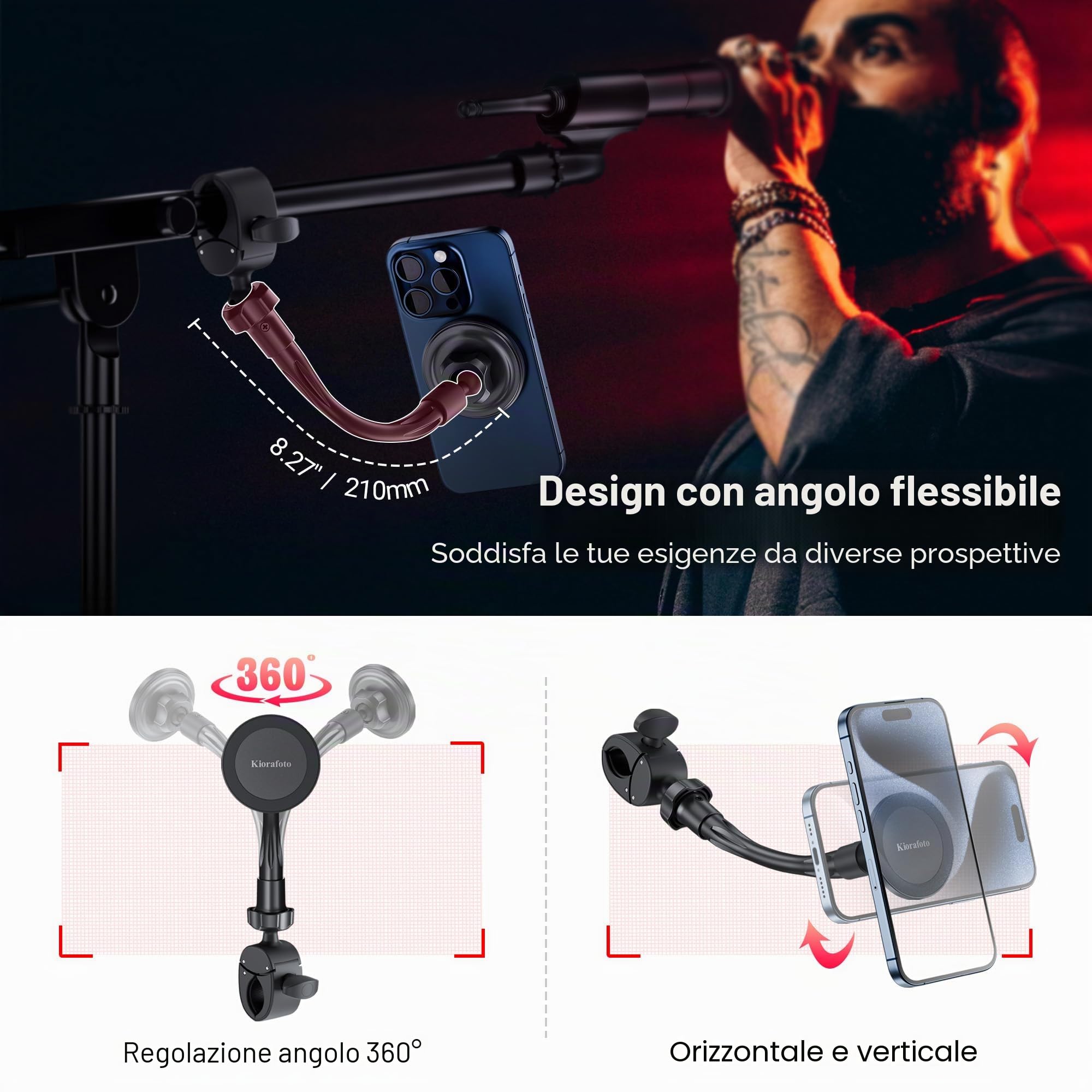 Supporto magnetico per microfono, 28,9 cm, con collo d'oca rimovibile e angolo di bloccaggio, supporto flessibile per microfono, supporto per telefono per iPhone 17, 16, 15, 14, 13 Pro Max, custodia