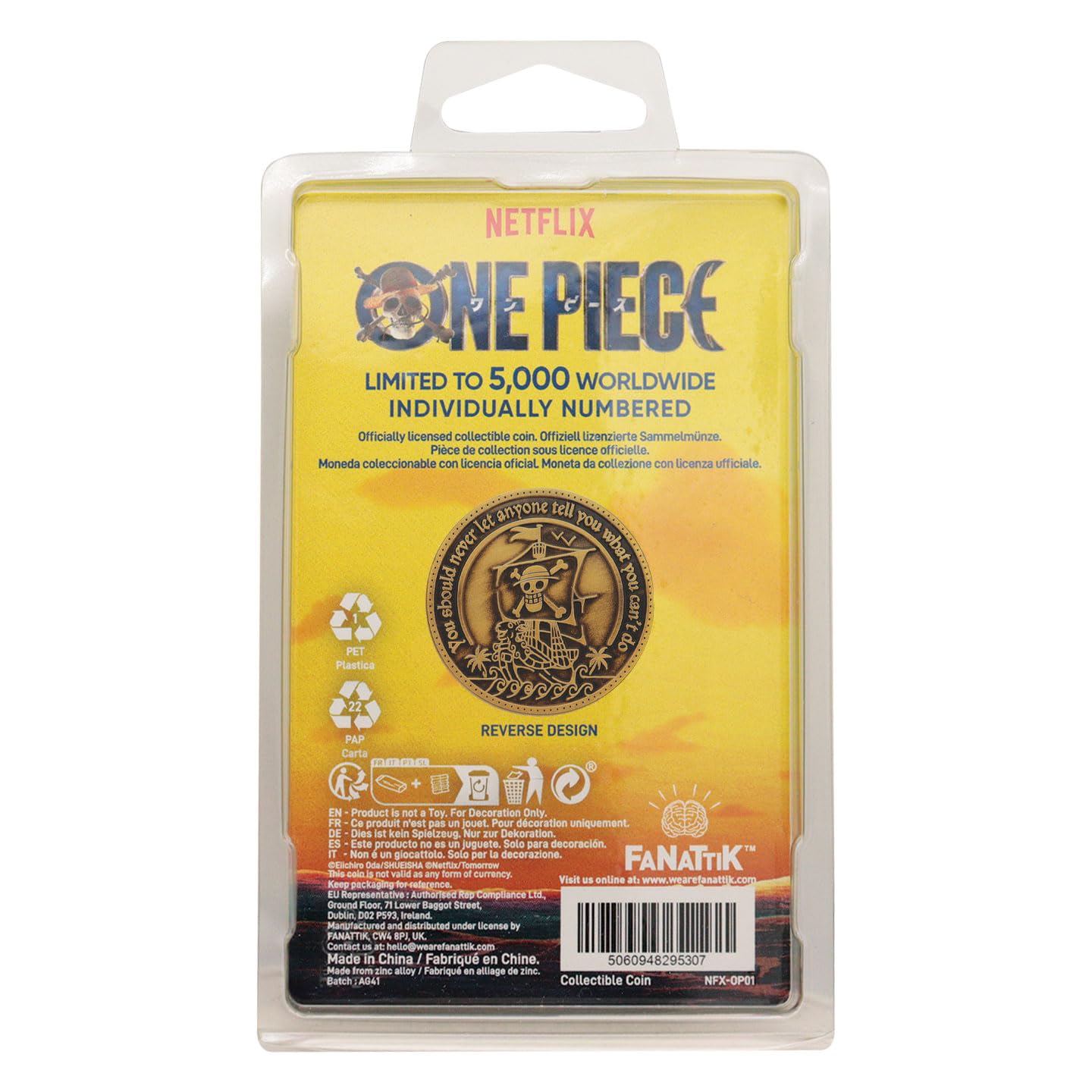 FaNaTtik Moneta da collezione One Piece in edizione limitata, con licenza ufficiale, numerata individualmente, design Going Merry & Jolly Roger con citazione di Rufy, pronta per fan e collezionisti