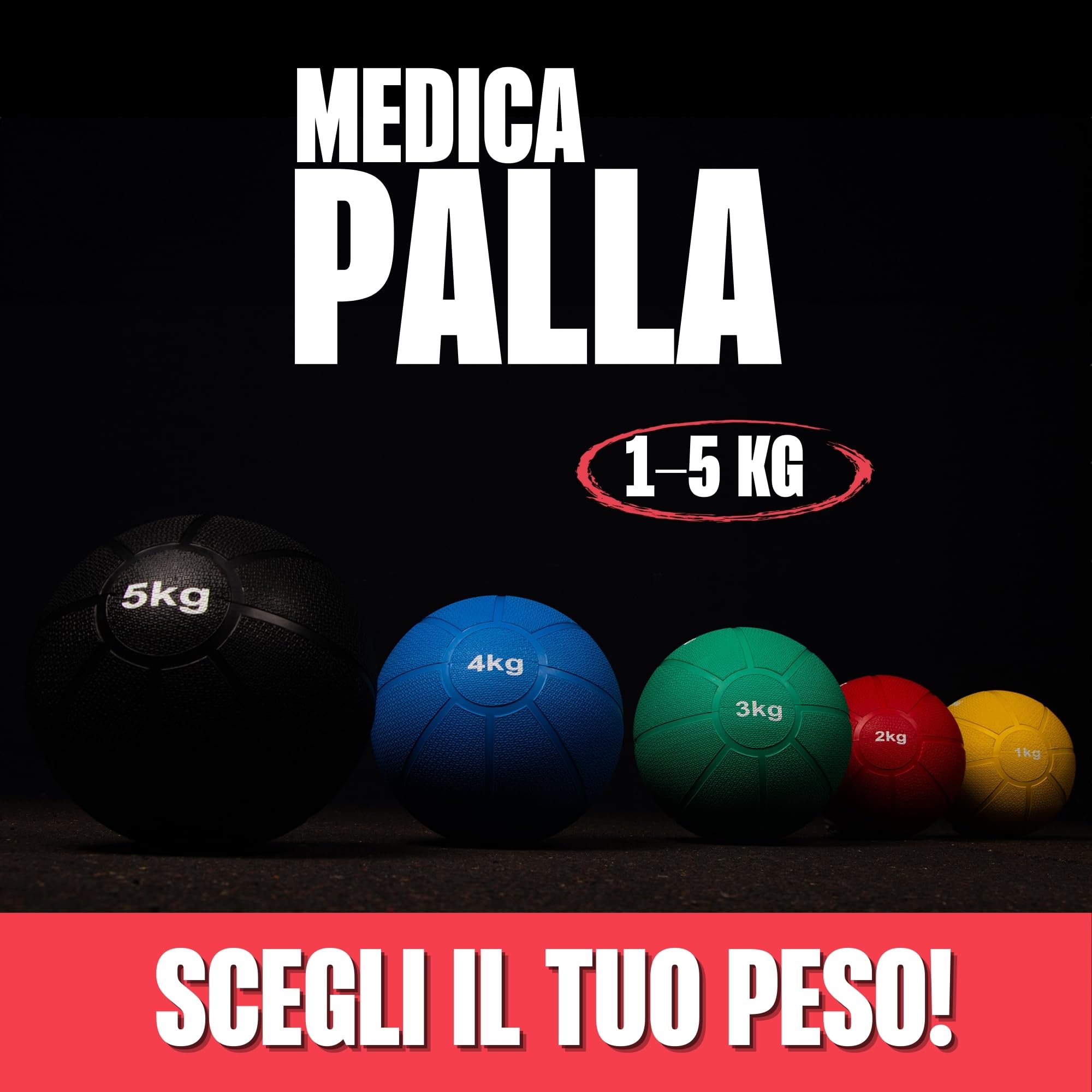 MATCHU - Palla Medica - Palla Medicinale - Palle mediche - Palla Fitness - Disponibile in 1, 2, 3, 4 e 5 KG - Gomma Solida - Giallo, Rosso, Verde, Blu e Nero
